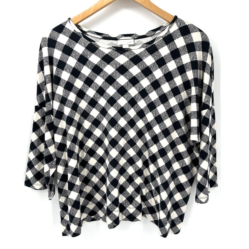 J Jill Blouse‎ Womens Large Black Cream Buffalo Check Plaid Pullover Cropped Top